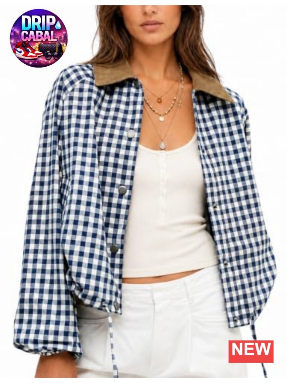 Womens Gingham Cropped Bomber Jacket Plaid Snap Corduroy Collar